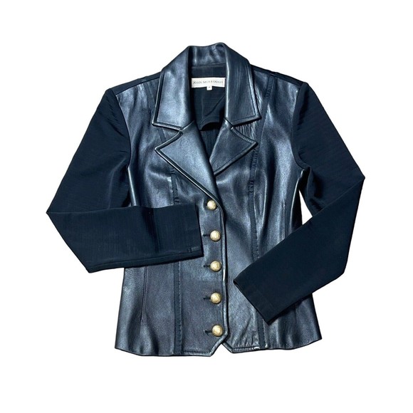 John Murrough Leather Stretchy Back Gold Button Front Short Length Jacket Size M - Picture 1 of 10